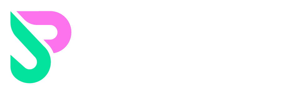 Logo with a stylized letter 'S' in green and pink on a white background