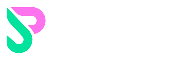 Logo with a stylized letter 'S' in green and pink on a white background